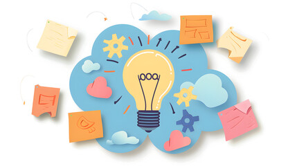 Generating creative ideas lightbulb with gears and clouds concept illustration