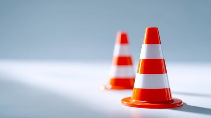 Two orange and white traffic cones are set against a soft blue background. They symbolize caution and road safety. Perfect for construction or event planning themes. AI