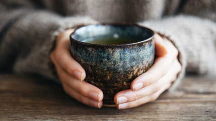 温かい飲み物を両手で包むリラックスシーン