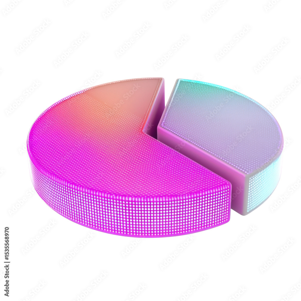 Poster vibrant 3D pie chart with gradient of pink and blue colors, showcasing data visualization in modern style. This graphic represents statistical information effectively
