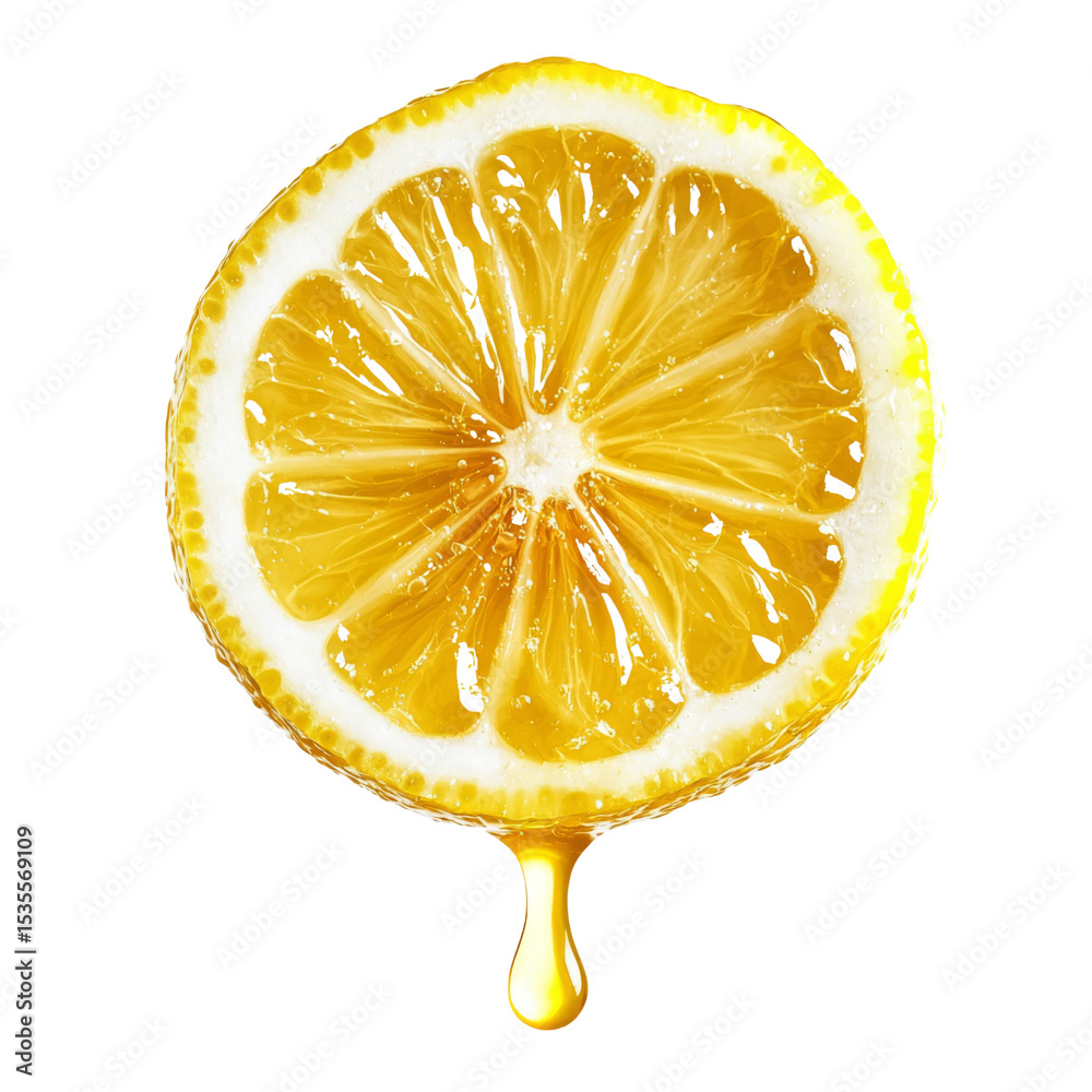 Poster Fresh lemon slice with juicy segments and drop of juice. Perfect for culinary use or as refreshing ingredient in beverages