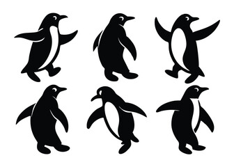 Obraz premium Set of six playful penguin silhouettes in various poses for design and decoration