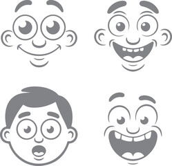 Fototapeta premium Four Gray Cartoon Faces Showing Different Expressions Happy Surprised and Laughing Silhouettes Vector Illustrations