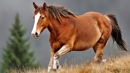 Obraz premium A brown horse with a white blaze on its face walking through a grassy field