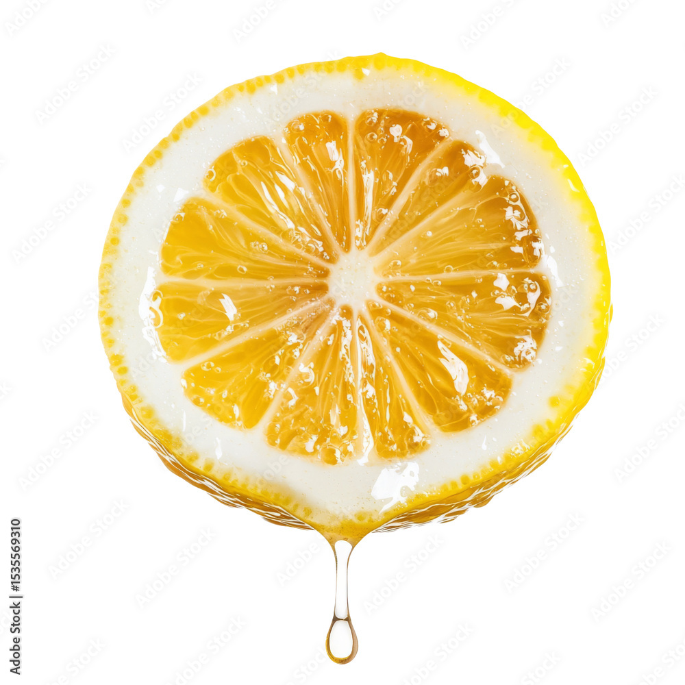 Poster fresh lemon slice with juicy segments and drop of juice. perfect for culinary uses, drinks, or as vi
