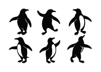 Silhouettes of cute penguins in different poses black and white design on a white background