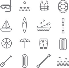 Gray Line Icons Set Water Sports Activities Summer Vacation Swimming Equipment Paddle Boat Sailboat Snorkel Mask Life Vest Inflatable Raft