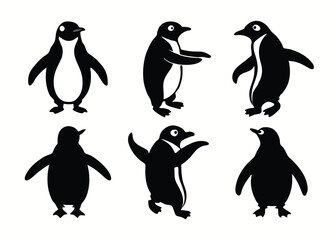 Naklejka premium Silhouetted penguin illustrations in various poses for use in design and animal projects