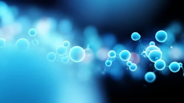 Blue molecular structure, atom, and molecule bond with chemical link. Healthcare and medical science motion.
