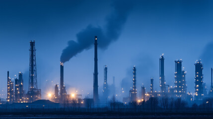 Fototapeta premium Abstract refinery silhouette with geometric shapes against gradient sky, symbolizing industrial innovation and modern energy production.