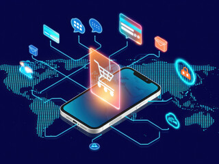 Background image on the theme of mobile commerce, a glowing smartphone in the center, a cart icon, above it, a hologram of icons of cards, delivery, chat, social networks, clouds and a world map diver