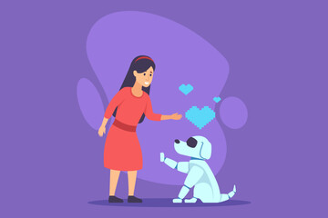 Girl in red dress kneeling beside robotic dog, extending her hand as hearts floating above them, suggesting affection and joy in colorful background