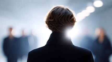 A mysterious figure stands in the foreground, gazing into a bright light. This image showcases a sense of intrigue and contemplation. Perfect for editorial and creative projects. AI