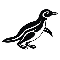 Simple black and white illustration of a walking penguin against a white background