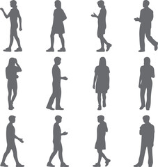 Obraz premium Twelve Gray Human Silhouettes Walking Talking Gesturing Various Poses Simple Minimalist Vector Illustration People Figures