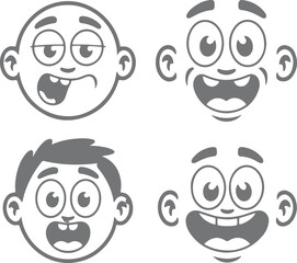 Four Gray Cartoon Child Face Silhouettes Different Expressions Happy Sleepy Surprised Excited Childish Fun Vector Illustration