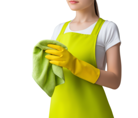 woman wears a bright apron and holds a rag in one hand, which she uses to dust surfaces isolated on a transparent background