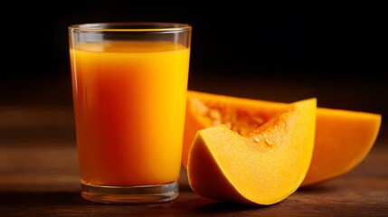 Fresh pumpkin juice in a clear glass showcasing its vibrant orange color. Accompanied by sliced pumpkin pieces. Perfect for healthy beverages. Ideal for food photography projects. AI