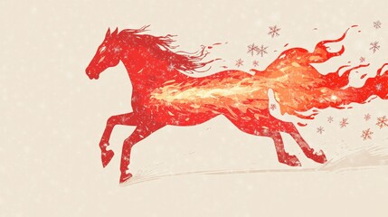 Red fiery horse silhouette running with flames in minimalist style  