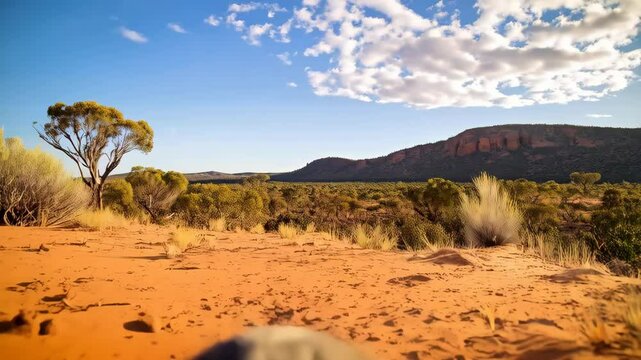 Cute wombat close-up in arid landscape with red rock formations and blue sky behind it, animal portrait, furry, marsupial