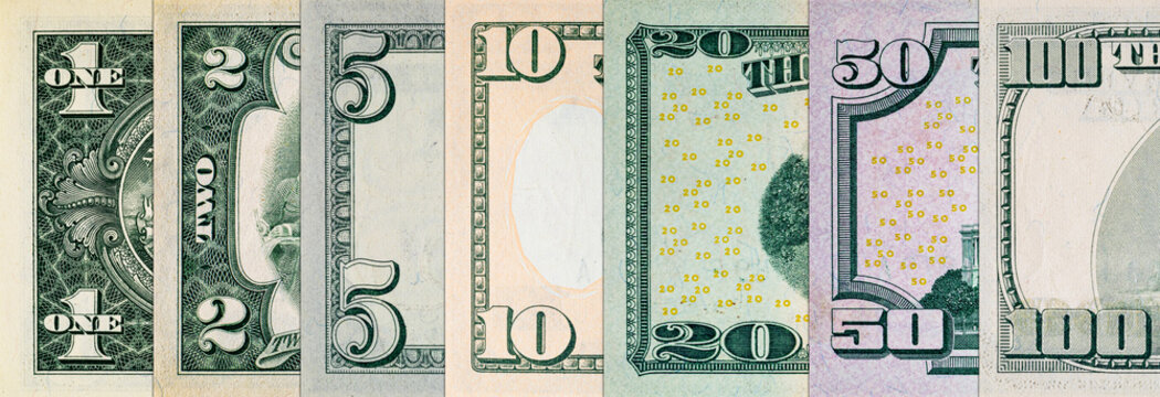Banknotes of the United States of America of various denominations. US paper money - Powered by Adobe