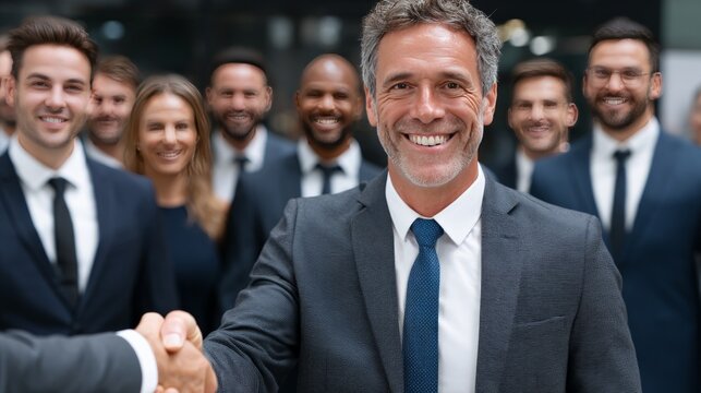 Businessman smiling and shaking hands with a colleague in a professional setting