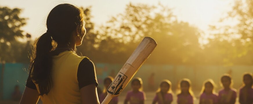 Young female cricketer preparing to bat during practice at sunset  