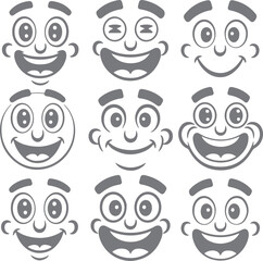 Obraz premium Nine Grey Cartoon Faces Smiling Expressions Happy Cheerful Big Eyes Wide Open Mouths Simple Design Silhouette Illustrations