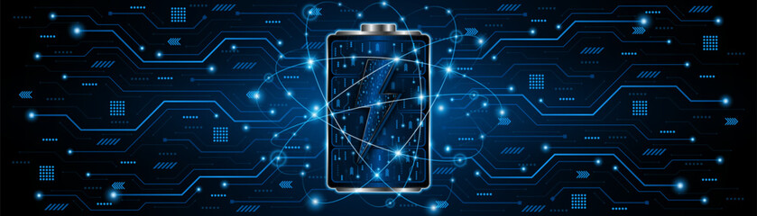 Battery technology concept with power circuit board. The future of fast electric battery charging	