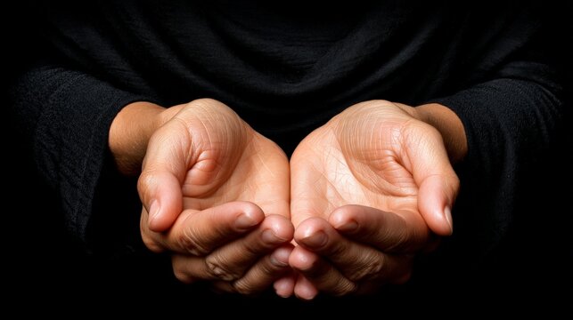 Close-up of cupped hands held together against a dark background, symbolizing care and support - Powered by Adobe
