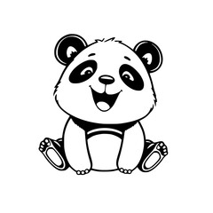 Fototapeta premium Playful Panda Cub: A charming black and white line art illustration of a happy panda bear cub sitting, showcasing its adorable features and cheerful expression.