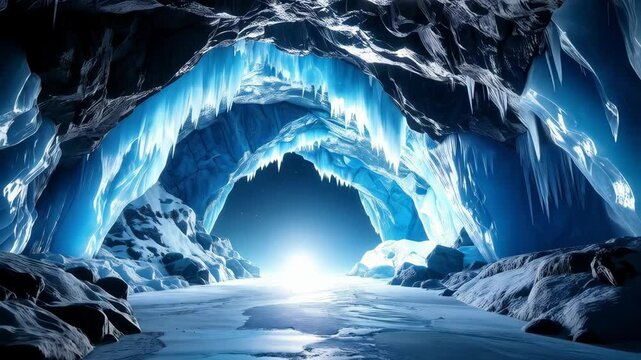 Icy cavern with frozen floor, icicles hanging from the ceiling, and light at the end of the tunnel, with rocky walls and blue glow.