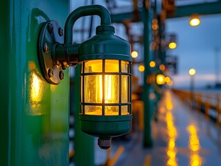 Green dock lamp illuminates night walkway