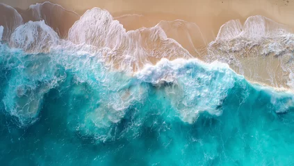Selbstklebende Fototapeten Aerial view of turquoise ocean waves crashing onto sandy beach shoreline, tropical paradise, vacation destinationGenerative ai © david