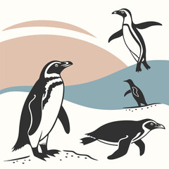 Obraz premium Stylized illustration of penguins in a minimalist design with abstract background elements