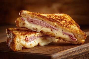 Delicious Croque Monsieur Sandwich with Ham and Cheese on Rustic Background