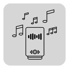 Line drawing of music player on light gray background, surrounded by music notes, signifying sound and playback functionalities