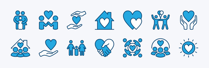 Set of family care and support icon vector. Contains love, household, mother, father, children, friendship, togetherness, happy, handshake, hug, solidarity, human relationships, volunteer illustration