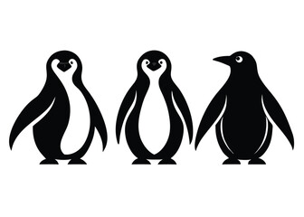 Fototapeta premium Three stylized penguin illustrations in black and white simple modern graphic design style