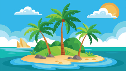 Cartoon Tropical Island with Palm Trees, Sandy Beach, Blue Sea, and Sunny Sky