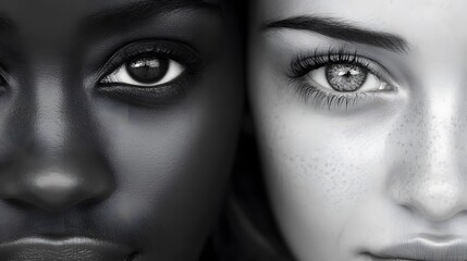 Close-up portrait of two faces in grayscale.