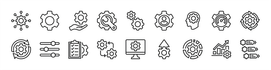 Gear setting and setup icon set. Contains configuration, option, operation, optimization, engineering, equalizer, customization, repair, cogwheel, maintenance, system, panel, update. Vector EPS 10