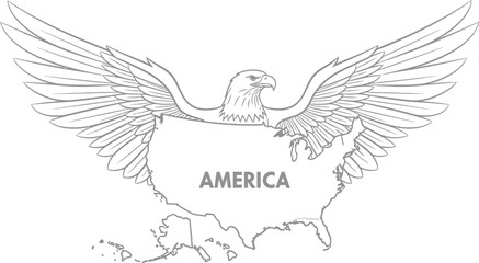 Obraz premium An outline of an eagle with wings spread above a map of america with the word america written on it