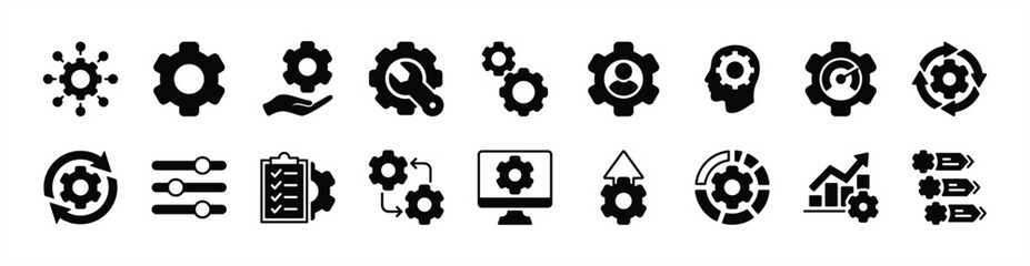 Gear setting and setup icon vector set. Contains configuration, option, operation, optimization, engineering, equalizer, customization, repair, cogwheel, maintenance, system, panel, update
