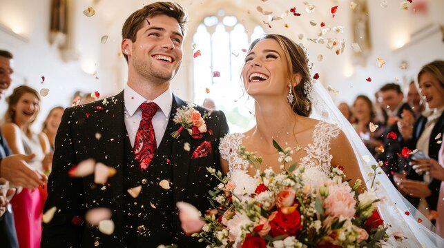 Wedding Bliss: A radiant couple shares a joyful moment as confetti rains down, celebrating their special day with love and smiles amid the heartwarming embrace of cherished guests.