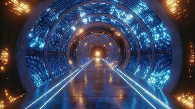 Futuristic tunnel with glowing panels - Powered by Adobe
