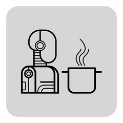 Minimalistic line icon of robot chef next to steaming pot. Innovation in culinary technology and kitchen automation concept. Ideal for modern cooking themes