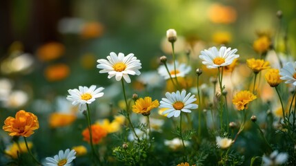 Premium photo of vibrant flower garden with white and yellow daisies in full bloom, set against a blurred green background.