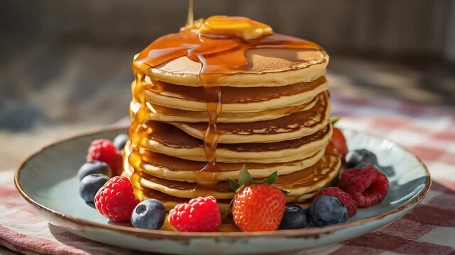 Dessert cartoon pancake stack with berries and honey in a bright breakfast scene