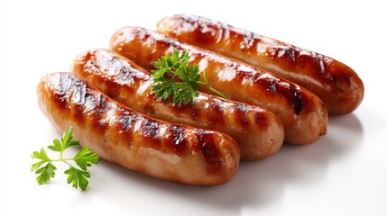 Grilled sausages on a white background. The brown, crispy texture highlights their deliciousness. Ideal for food photography and culinary creations. Great for recipes and restaurant menus. AI